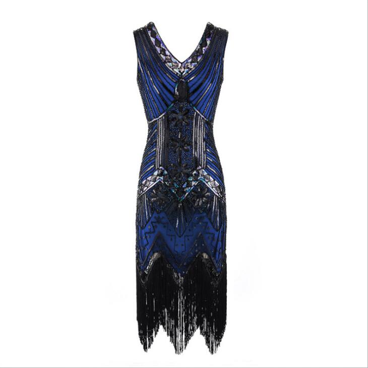 Vestidos V-Neck Flapper Great Party Gown 1920s Gatsby Beaded Sleeveless Tassel Sequin Vintage Feminina