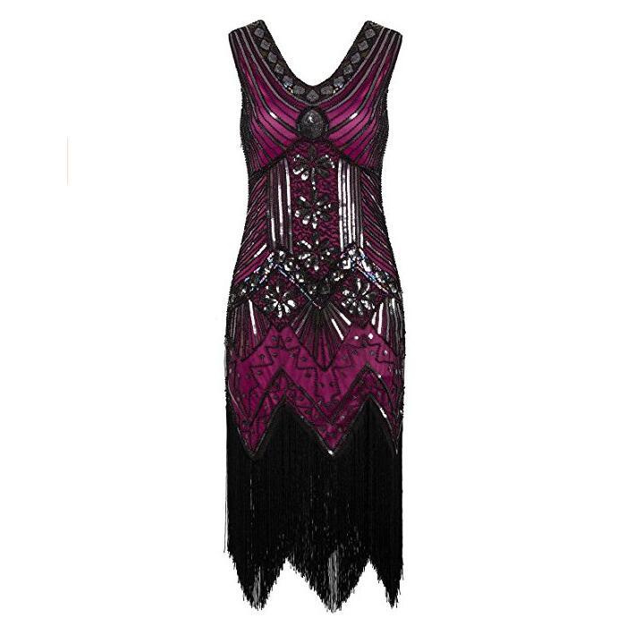 Vestidos V-Neck Flapper Great Party Gown 1920s Gatsby Beaded Sleeveless Tassel Sequin Vintage Feminina