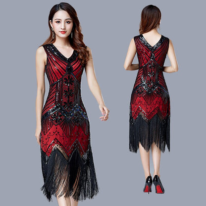 Vestidos V-Neck Flapper Great Party Gown 1920s Gatsby Beaded Sleeveless Tassel Sequin Vintage Feminina