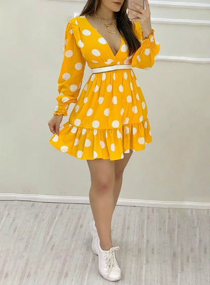 Yellow Polka Dot Casual Dress with Plunge Neckline and Ruched Ruffles