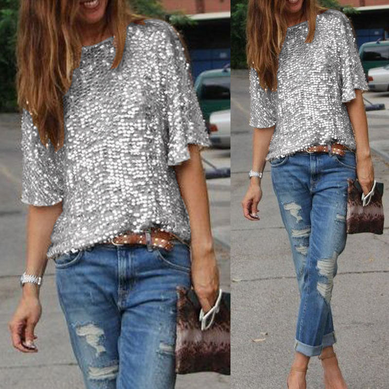 Women's - Spring/Autumn Off-Shoulder - Long Sequin Arm T-Shirt Fit Shining Loose Top