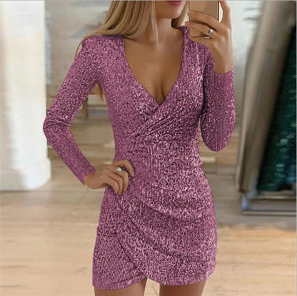 Arm V-Neck Long Women's Party Sequin Elegant Glitter Dress