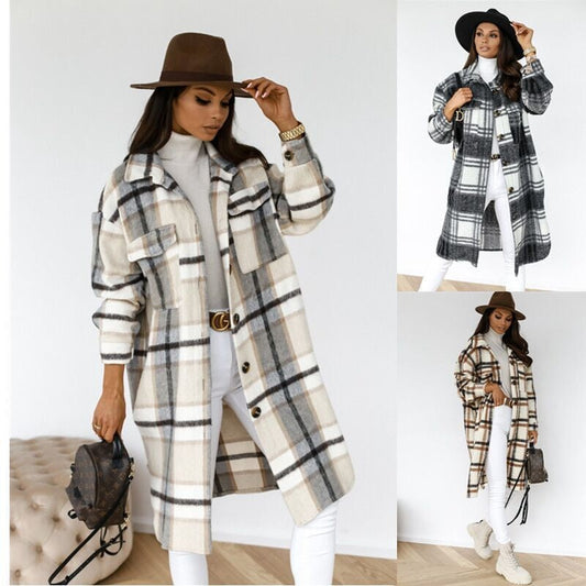 Autumn Plaid for Jacket Warm Fashion Patterned Winter - Women Overcoat