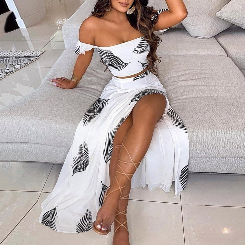 Women's Slash and - Long Warm-Season Top Slit Piece Spring with Shoulder Neck Set Two Off Flowered Party Gown Design Skirts