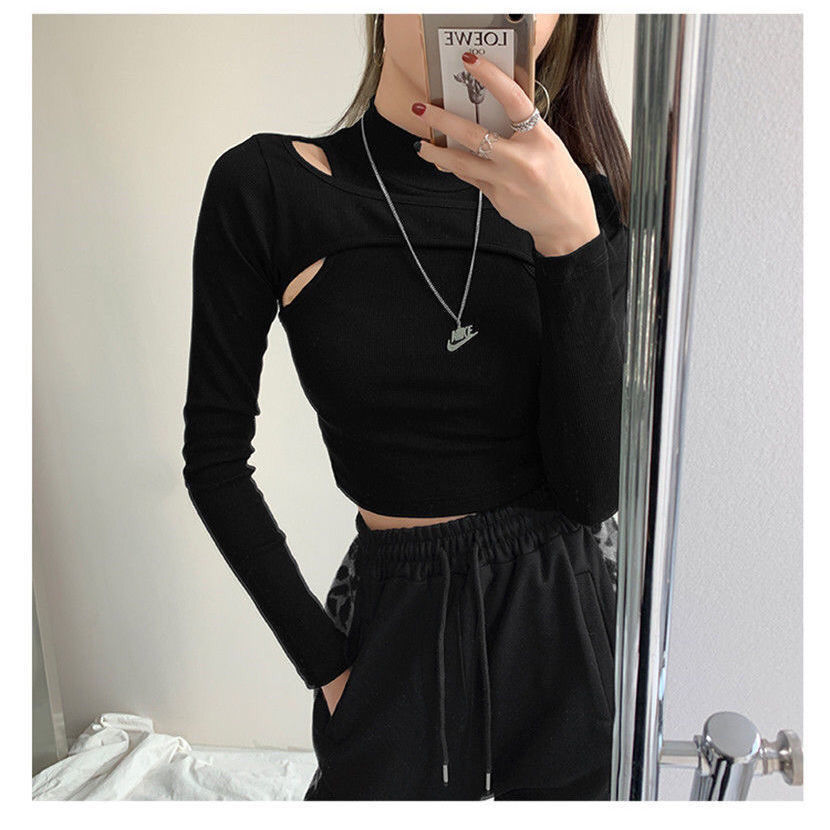 Black Fitness Two-piece White Crop T-shirt Women Knitted Long Arm Tops Tops