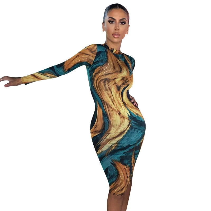 Tie Dye Print Long Sleeve Bodycon Midi Dress