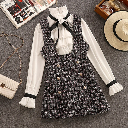 Tweed Elegant Gown Plaid + Chiffon Bow Top Double Breasted Vest Ruffles Blouse Set