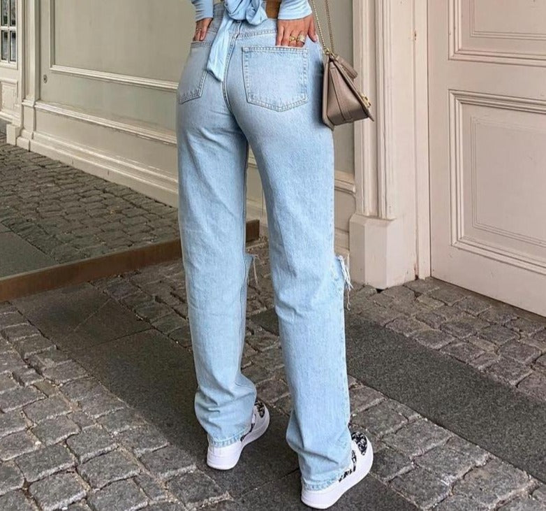 Womens Jeans Blue Cotton Trousers Baggy Wide High Leg Ripped Denim Wash Warm-Season Casual Waist Pants