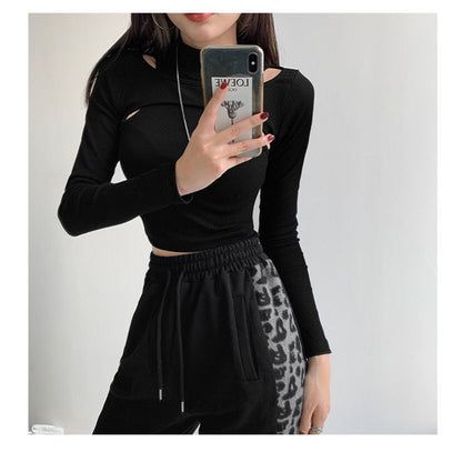 Black Fitness Two-piece White Crop T-shirt Women Knitted Long Arm Tops Tops