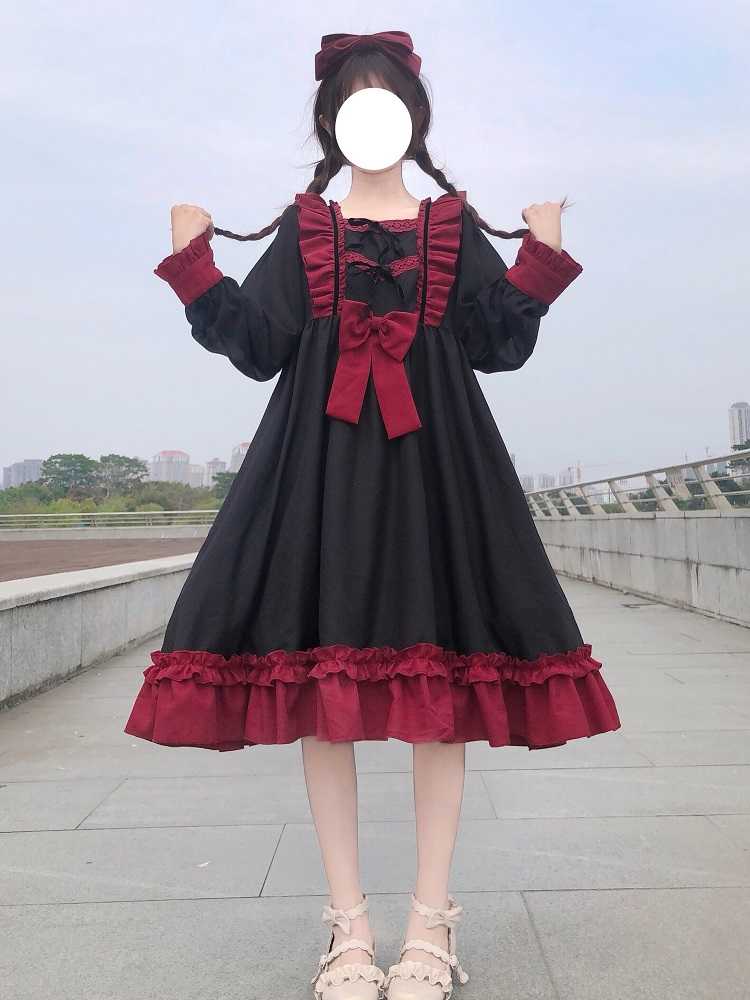 Sweet Ruffles Harajuku Lolita Gown Women Kawaii Gothic Cosplay Splice Party Bandage Bow Dress