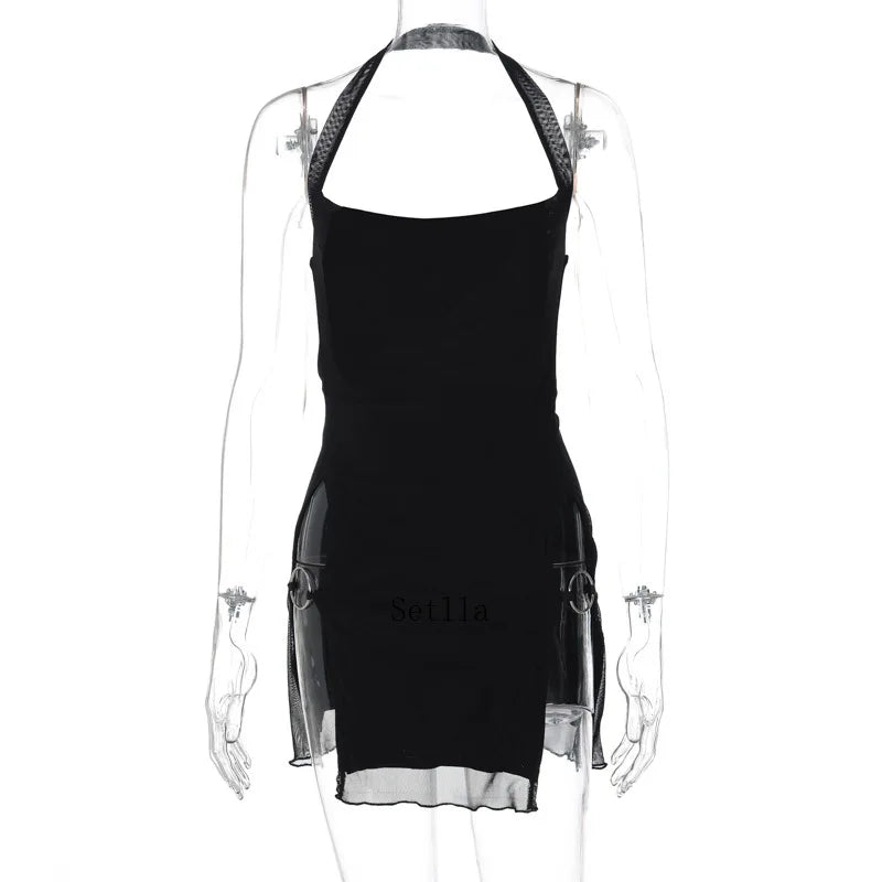 Halter Mesh Sheer Split Elegant See Through Bodycon Mini Dress