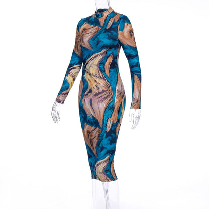 Tie Dye Print Long Sleeve Bodycon Midi Dress