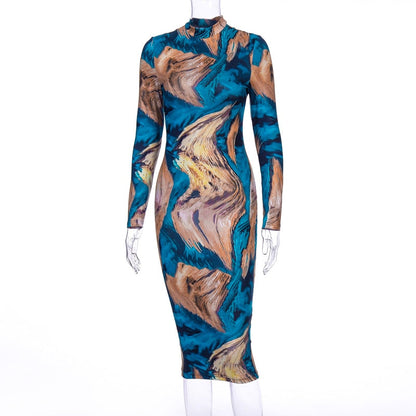 Tie Dye Print Long Sleeve Bodycon Midi Dress