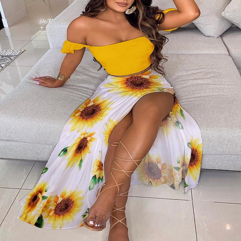 Women's Slash and - Long Warm-Season Top Slit Piece Spring with Shoulder Neck Set Two Off Flowered Party Gown Design Skirts