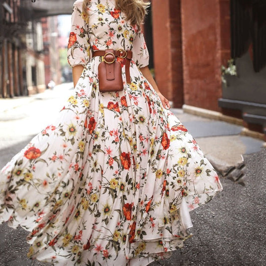 Vintage Warm-Season Printing Gown Flowered Long Fashion Elegant Three Party Quarter O-Neck Arm Streetwear