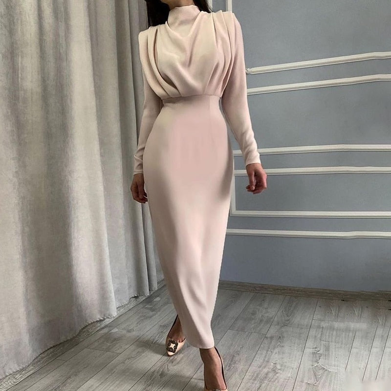 Autumn Stand Slim Party Waist Blue Arm Long Women's Neckline InstaHot Ankle Solid Elegant Length Dress