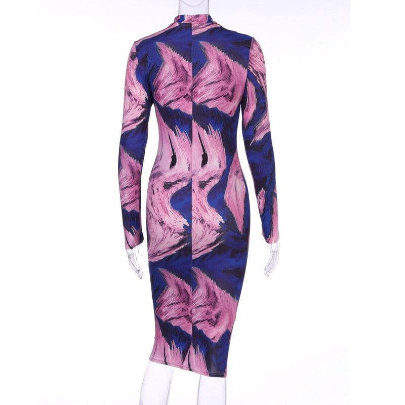 Tie Dye Print Long Sleeve Bodycon Midi Dress