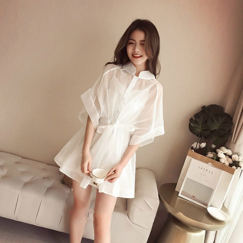 Base Belt Gown Cotton Mini Arm Single-breasted + Set Korean T-shirt Organza Warm-Season Stand Dresses Brief Two-piece Women Shirt