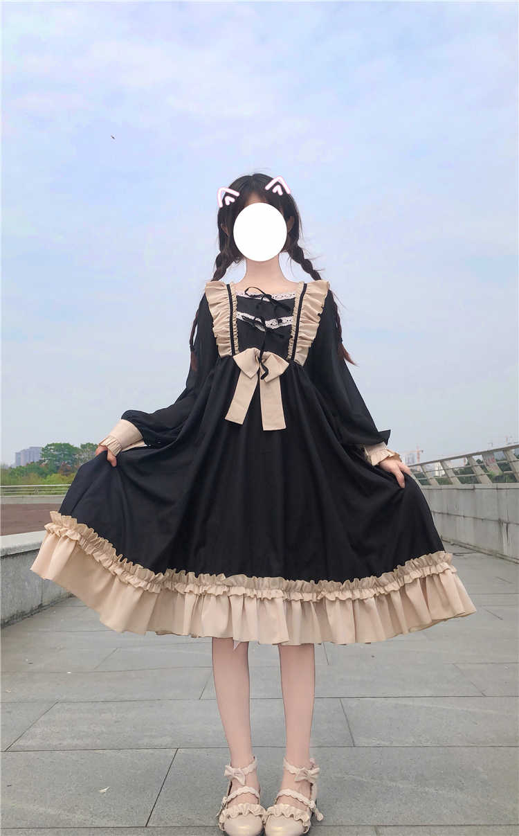 Sweet Ruffles Harajuku Lolita Gown Women Kawaii Gothic Cosplay Splice Party Bandage Bow Dress