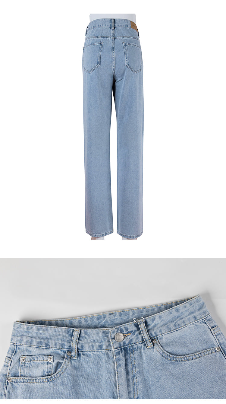 Womens Jeans Blue Cotton Trousers Baggy Wide High Leg Ripped Denim Wash Warm-Season Casual Waist Pants