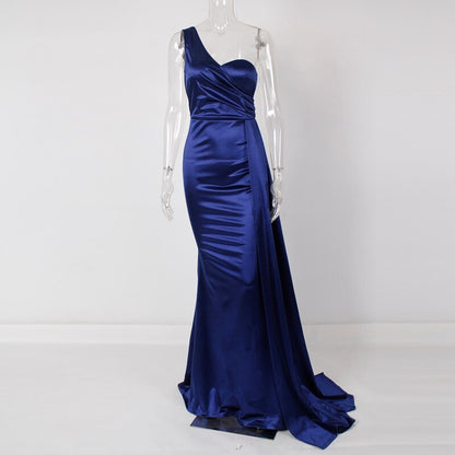 Women's Blue Evening Green Gown Full-Length Party Royal with Sexy Gown Satin Long Ribbon Draped Dress