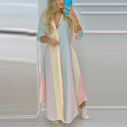 Stripe Button Single Breasted - Gown with Coastal Long Party Design Spring/Summer Colorful Full-Length Dress