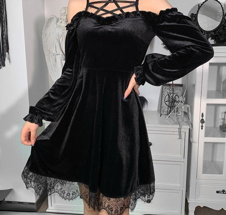 Off Sexy Pentagram Gothic Aesthetic High Shoulder Bandage Punk Black Gown for Dresses InsGoth Halter Party Gown Waist Mini Women