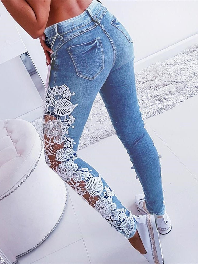 Autumn Denim Hollow-Out Flowered Elegant 3XL Crochet Women Jeans Lace Sexy Pencil