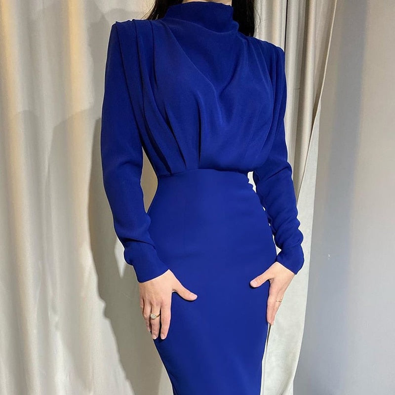 Autumn Stand Slim Party Waist Blue Arm Long Women's Neckline InstaHot Ankle Solid Elegant Length Dress