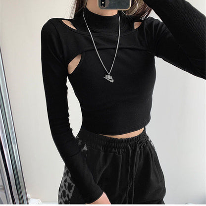 Women Crop Two-piece Knitted White Tops Fitness T-shirt Black Arm Long Tops