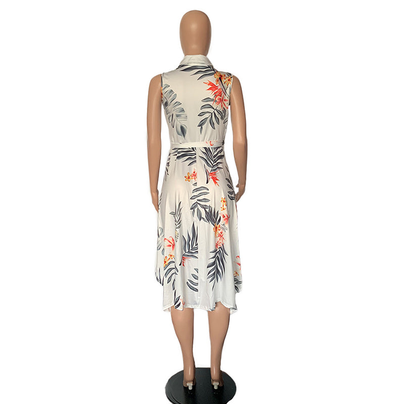 Tropical Print Sleeveless Shirt Dress with Turn Down Collar