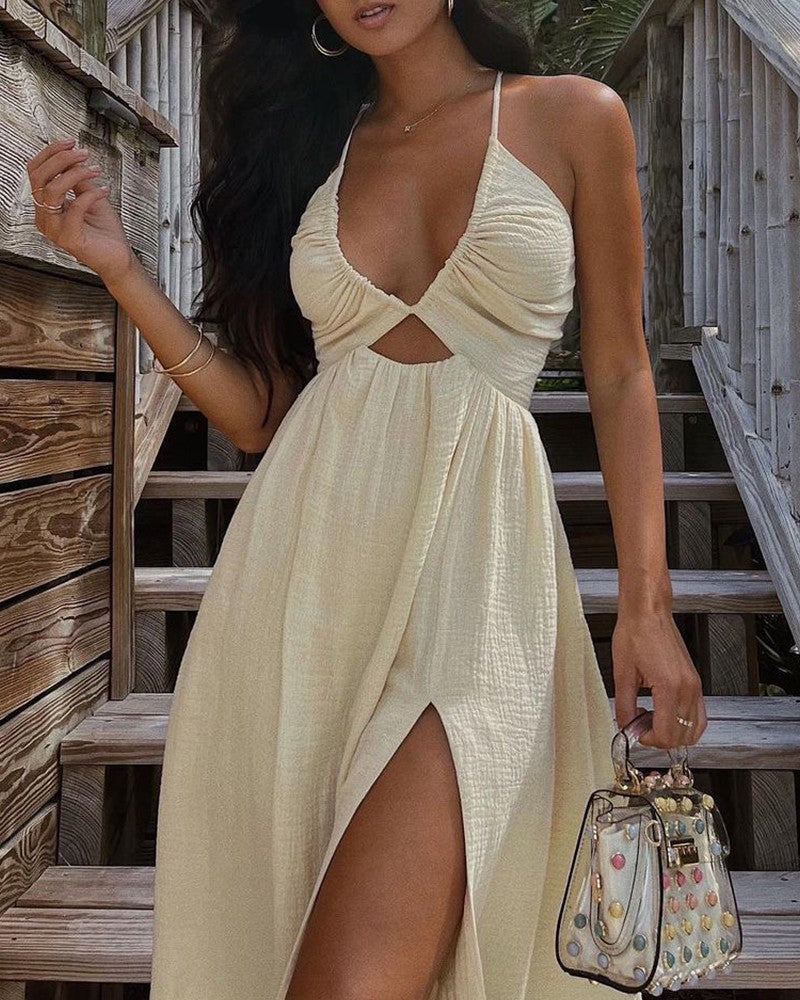 Solid Strap Slim Cut-out Slit Midi Dress for Women