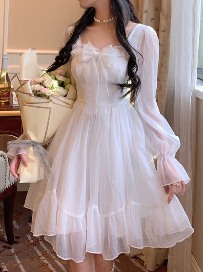 Vintage Sweet Kawaii French Elegant White Ruffle Party Dress for Women