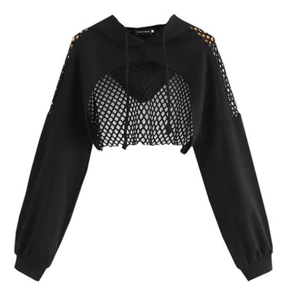 Women's Mesh with Out Hoodie Black Crop Top Hollow Patchwork