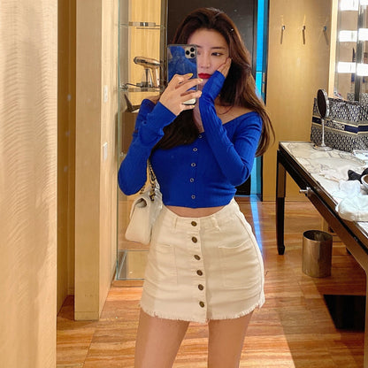 Women Shorts Waist Buttons Skirt White Arrival Skirt New Sexy Line Denim Jean High Warm-Season Mini A Single Black Or Skirts