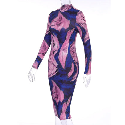 Tie Dye Print Long Sleeve Bodycon Midi Dress