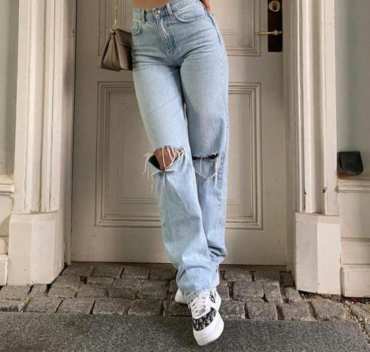 Womens Jeans Blue Cotton Trousers Baggy Wide High Leg Ripped Denim Wash Warm-Season Casual Waist Pants