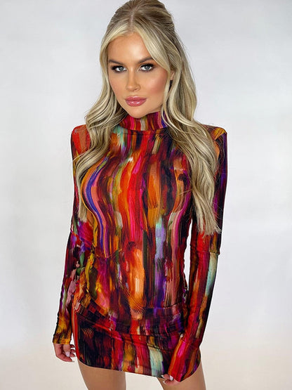 Tie Dye Print Women Long Sleeve Mini Dress