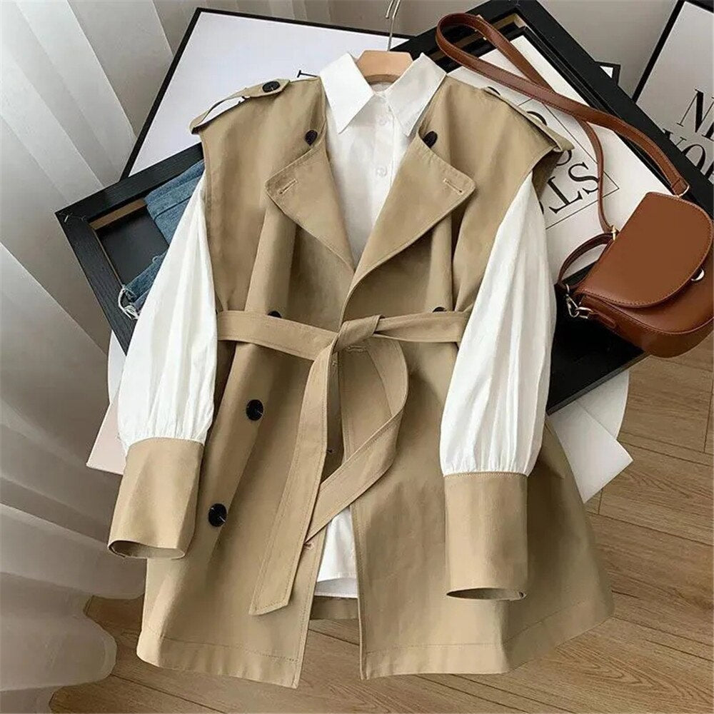 Vest White Blouse + Coat Tie Women's Trench Waist Suit