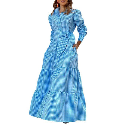 Sundress Plaid Blouse Women Vintage Spring Casual Pockets Patterned Belted Lapel Party Gown Button Dresses Arm Long Robes