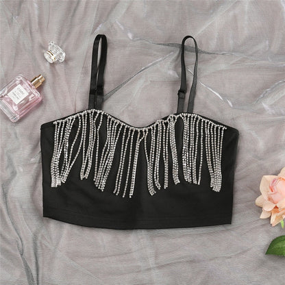 Black Strap Crop Charming Top With Rhinestone Fringe