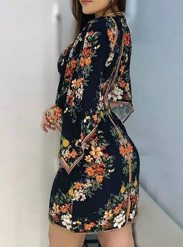 Arm Deep V Design Flowered Long Dress