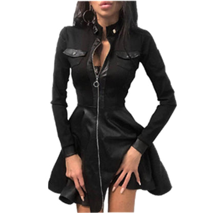 V-Neck Arm Lace Leather Gown Mini Party Warm-Season 5XL Plus PU Faux Size Zipper Dress