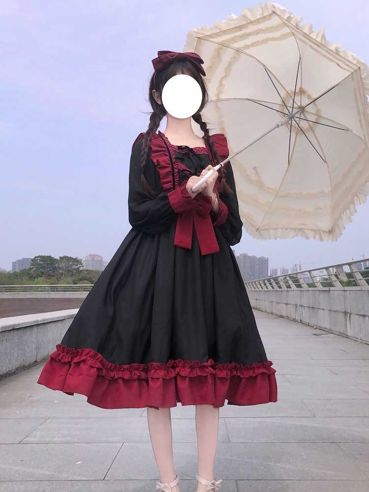 Sweet Ruffles Harajuku Lolita Gown Women Kawaii Gothic Cosplay Splice Party Bandage Bow Dress