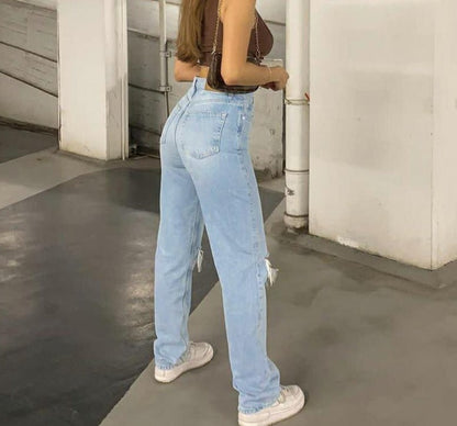 Womens Jeans Blue Cotton Trousers Baggy Wide High Leg Ripped Denim Wash Warm-Season Casual Waist Pants