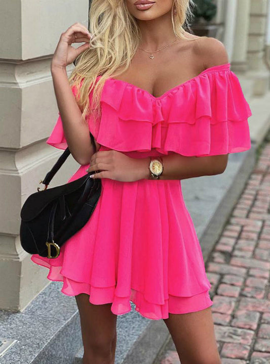 Women's V-Neck Off Shoulder Ruffle Fit Flare Dress