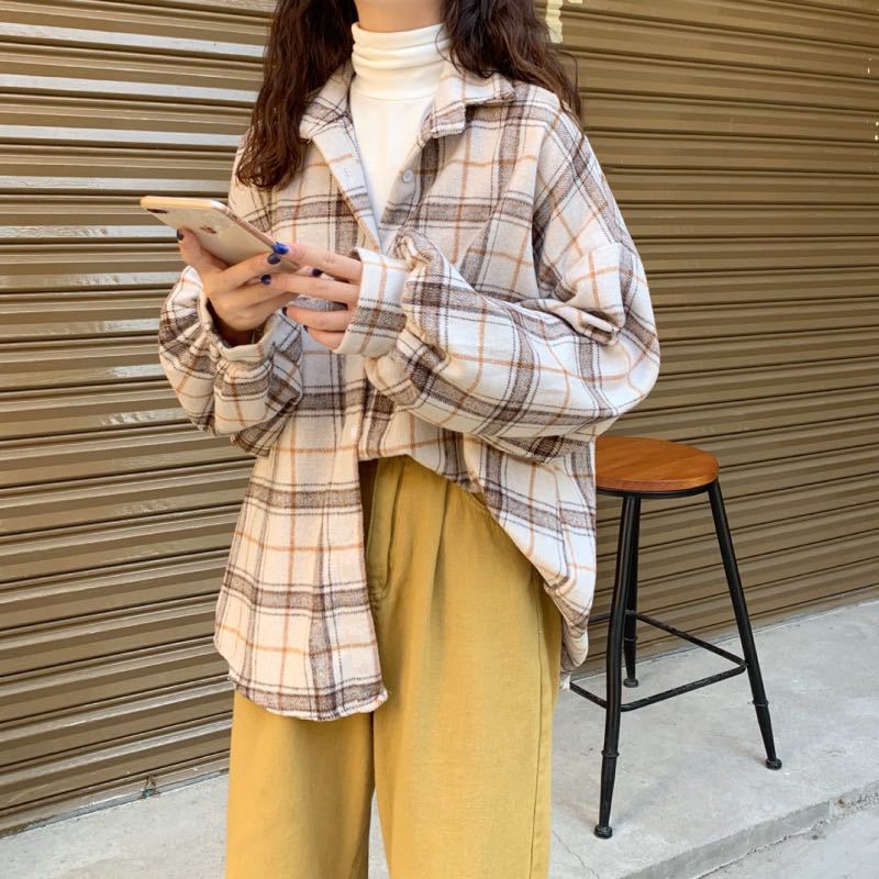 Turn-down Style Spring - Women's Plaid Outwear Loose 4 Neckline Blouse Harajuku with Fit Batwing-sleeve - - Colors