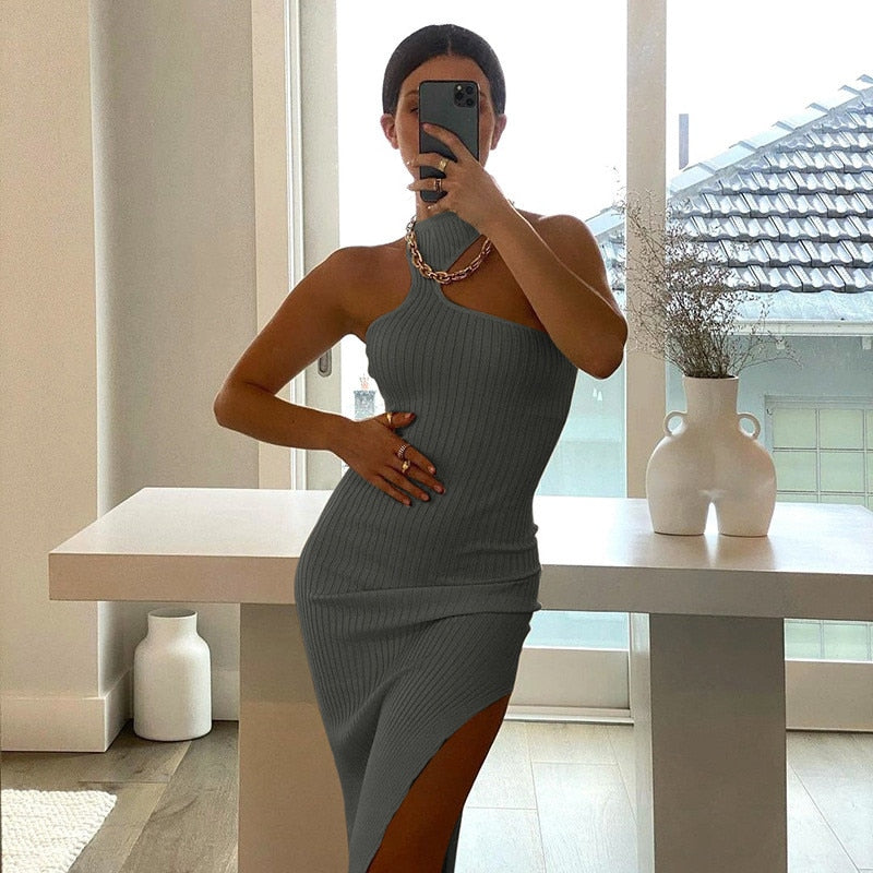 Ribbed One Shoulder High Graceful Neck Slit Midi Dress