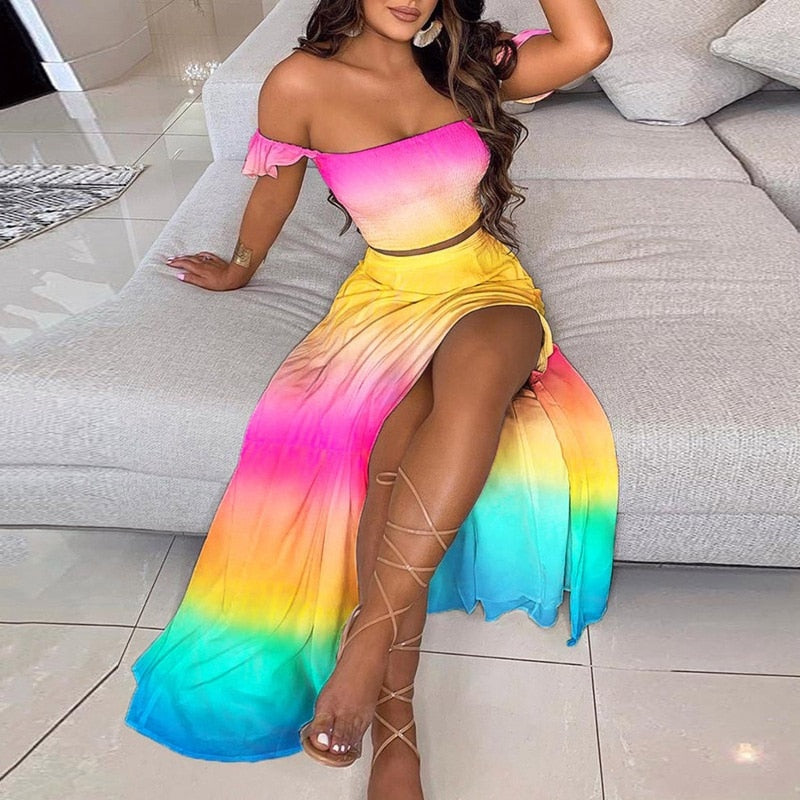 Women's Slash and - Long Warm-Season Top Slit Piece Spring with Shoulder Neck Set Two Off Flowered Party Gown Design Skirts