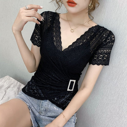 Blouse Lace Hollow Tops Size Blouse Out Plus Sexy Warm-Season V-Neck 5XL Women Arm Brief Blusas